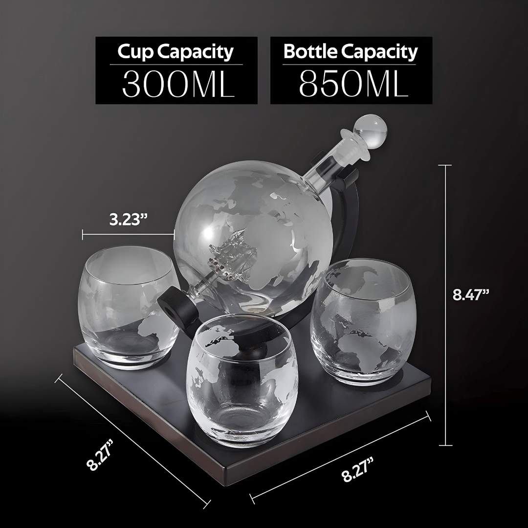 Crystal clear world map globe decanter with 4 matching frosted glasses on wooden base, 850ml bottle for whiskey, wine or rum, includes antique ship design and seal stopper


