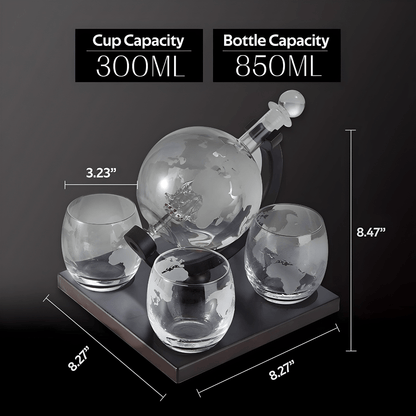 Crystal clear world map globe decanter with 4 matching frosted glasses on wooden base, 850ml bottle for whiskey, wine or rum, includes antique ship design and seal stopper

