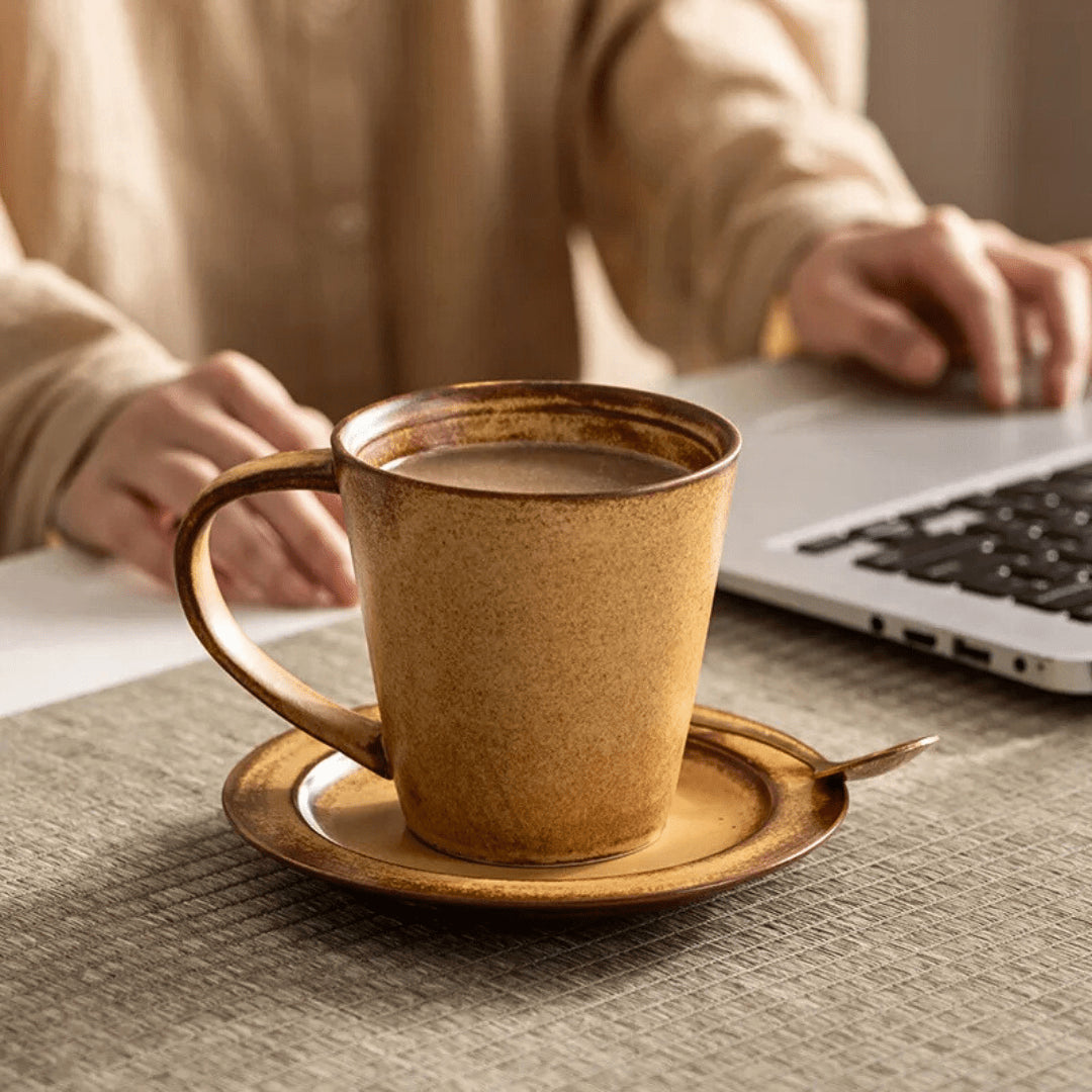 300ml rustic vintage ceramic mug with and without saucer – warm-toned coffee cup perfect for home or office use.