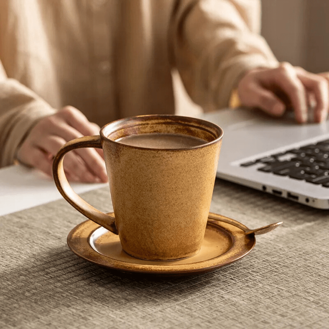 300ml rustic vintage ceramic mug with and without saucer – warm-toned coffee cup perfect for home or office use.