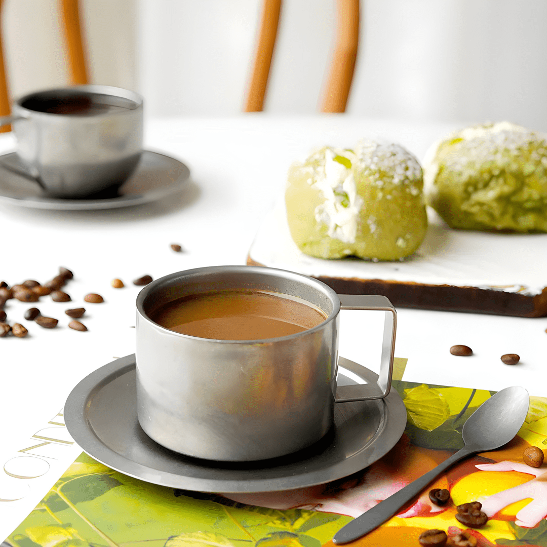 Luxury matte stainless steel mug with saucer, double-walled insulated 200ml drinkware