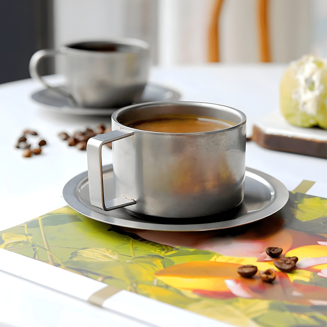 Luxury matte stainless steel mug with saucer, double-walled insulated 200ml drinkware