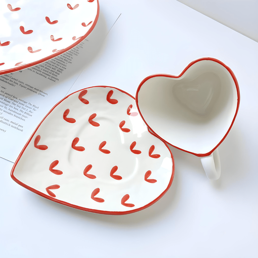 Heart-shaped porcelain mug with red heart pattern, matching saucer and gold spoon – 300ml cup set for coffee or tea
