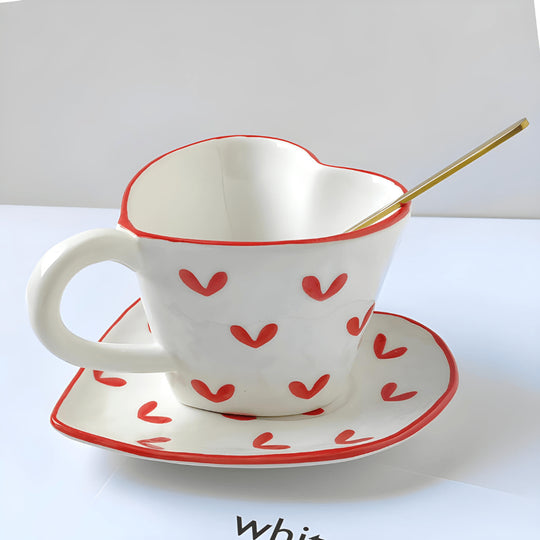 Heart-shaped porcelain mug with red heart pattern, matching saucer and gold spoon – 300ml cup set for coffee or tea