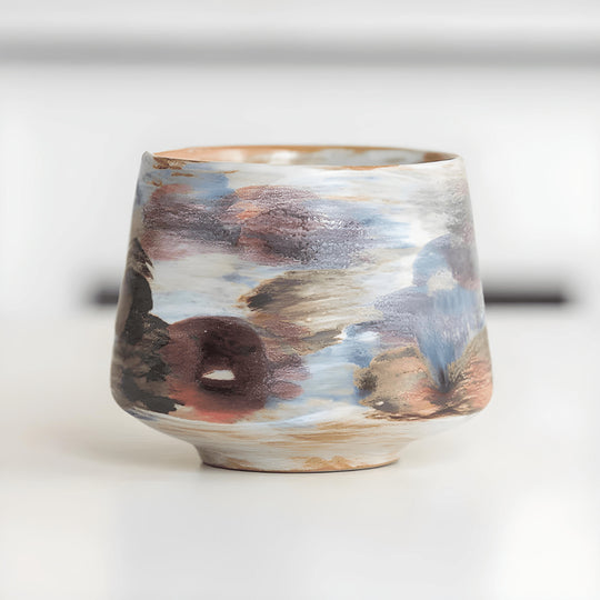 Hand-painted stoneware ceramic coffee and tea cup – retro 200ml design with Earthfire Cloud and Misty Lake Sky finishes.