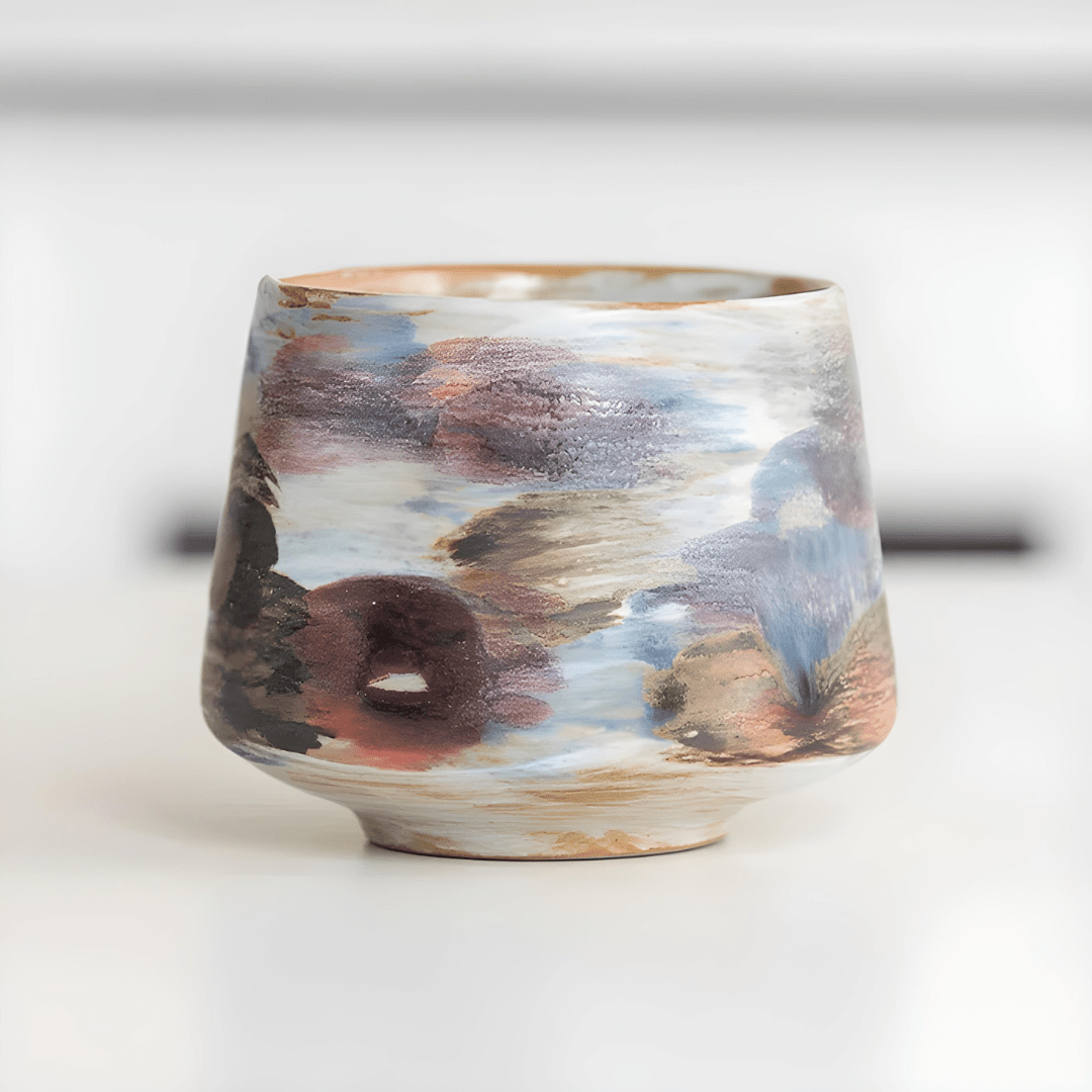 Hand-painted stoneware ceramic coffee and tea cup – retro 200ml design with Earthfire Cloud and Misty Lake Sky finishes.