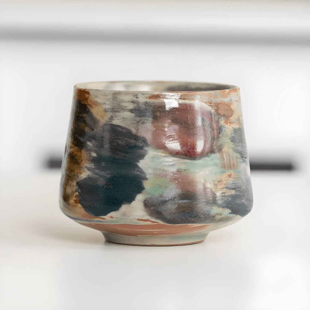 Hand-painted stoneware ceramic coffee and tea cup – retro 200ml design with Earthfire Cloud and Misty Lake Sky finishes.