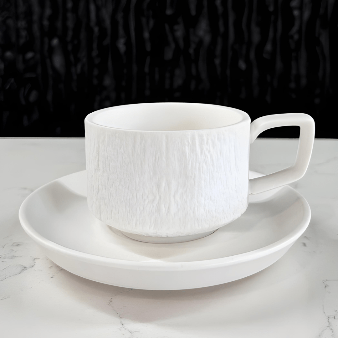 Textured 200ml porcelain mug with saucer – Rock Series, premium ceramic coffee and tea set available in Beirut, Lebanon
