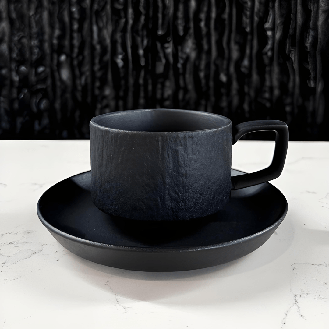 Textured 200ml porcelain mug with saucer – Rock Series, premium ceramic coffee and tea set available in Beirut, Lebanon