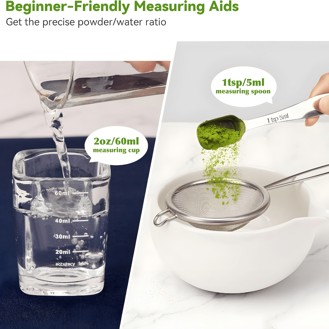 Premium 10-piece Matcha tea set with whisk, ceramic bowl, sifter, scoop, and accessories – secure packaging and traditional setup.