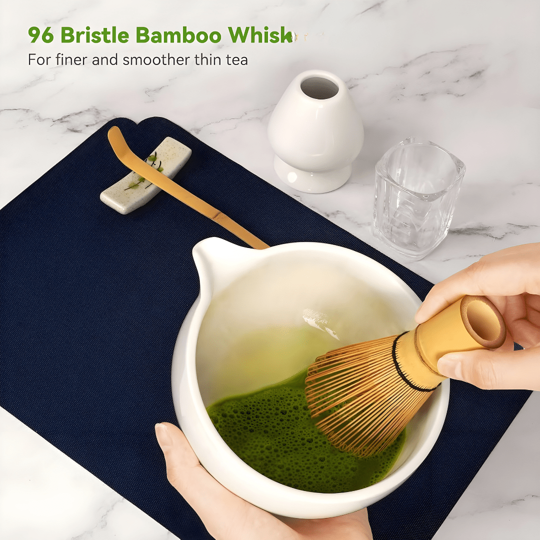 Premium 10-piece Matcha tea set with whisk, ceramic bowl, sifter, scoop, and accessories – secure packaging and traditional setup.