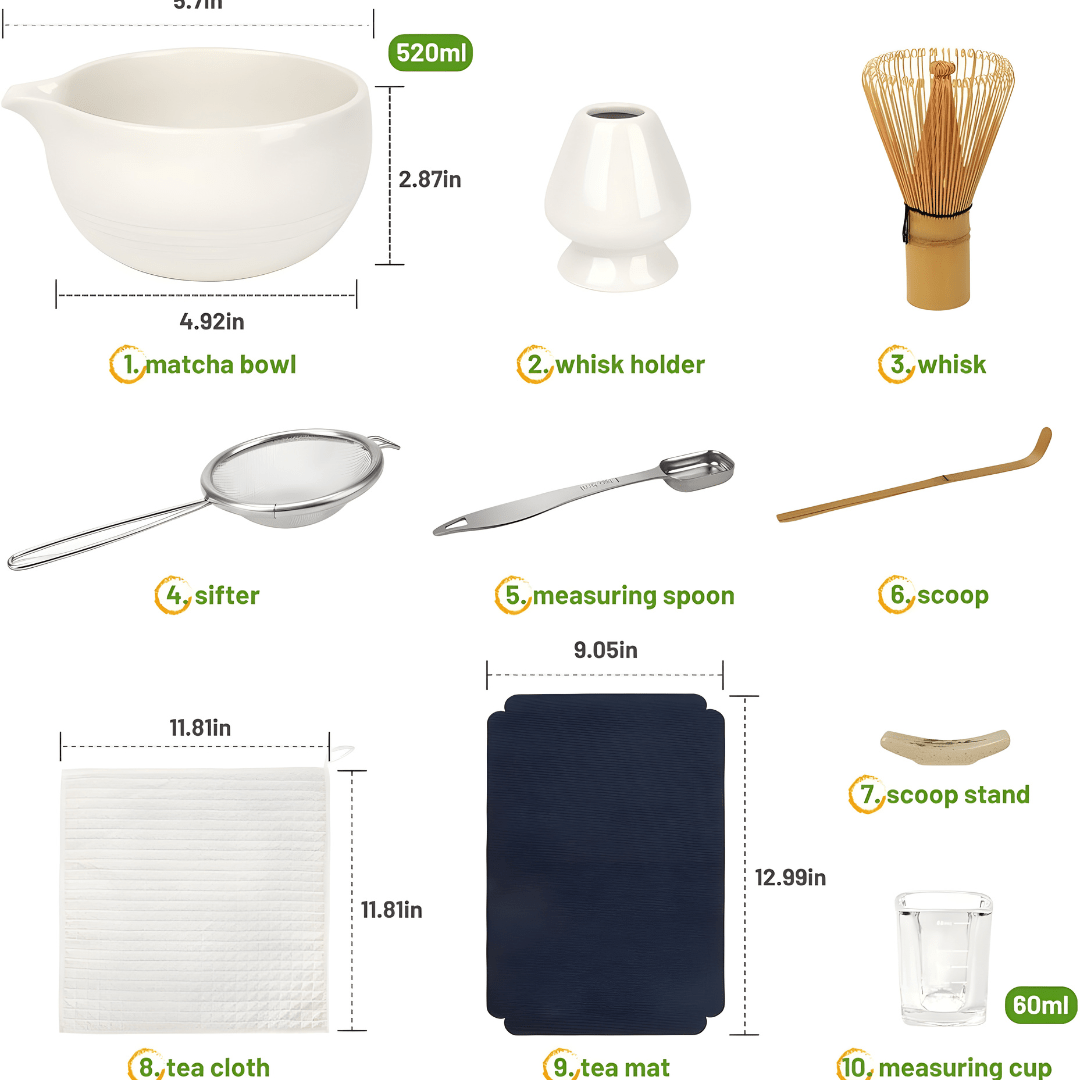 Premium 10-piece Matcha tea set with whisk, ceramic bowl, sifter, scoop, and accessories – secure packaging and traditional setup.