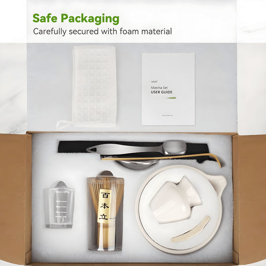 Premium 10-piece Matcha tea set with whisk, ceramic bowl, sifter, scoop, and accessories – secure packaging and traditional setup.