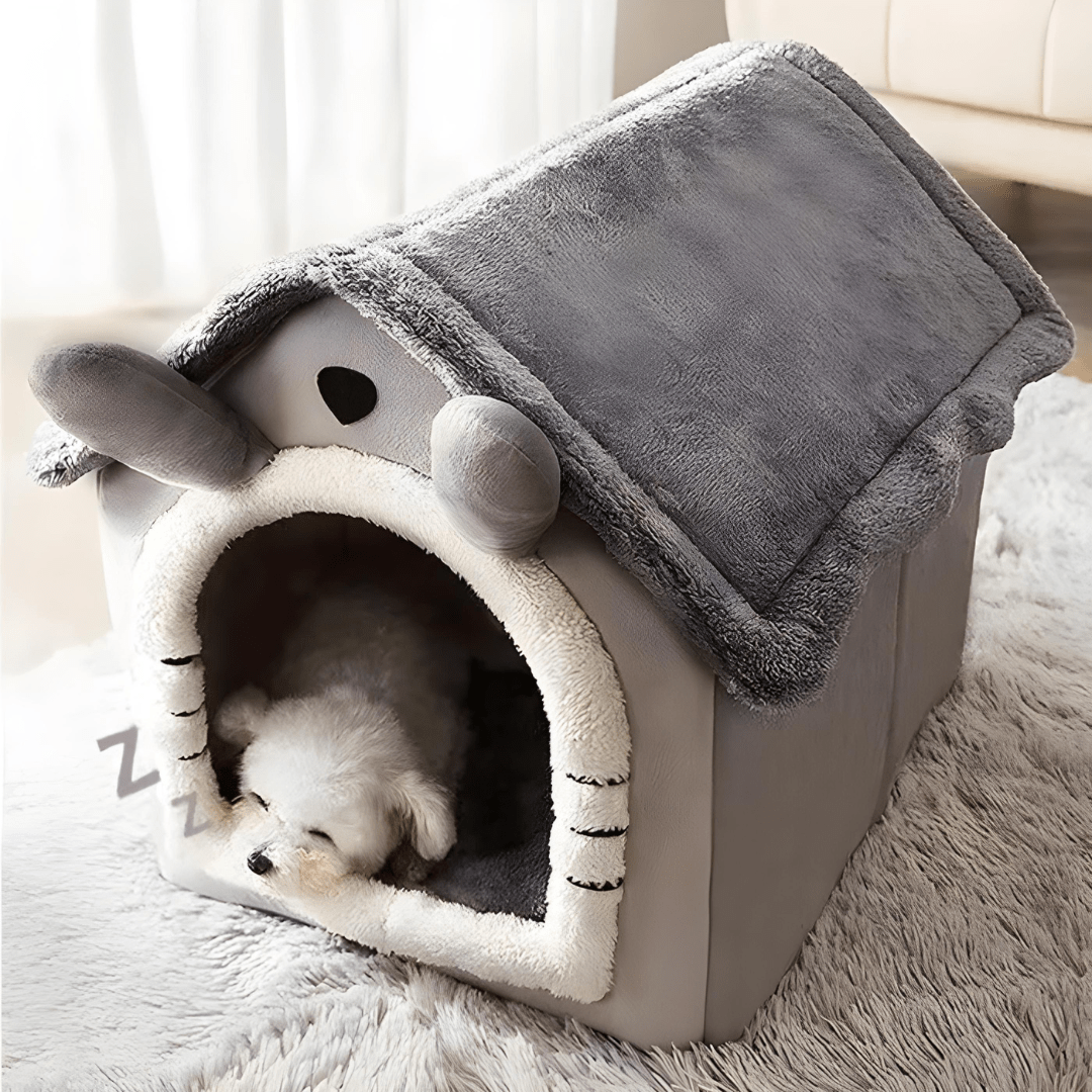 Grey plush dog and cat house with soft roof, detachable parts, non-slip bottom, and adorable cartoon ear design – available in S and L sizes.

