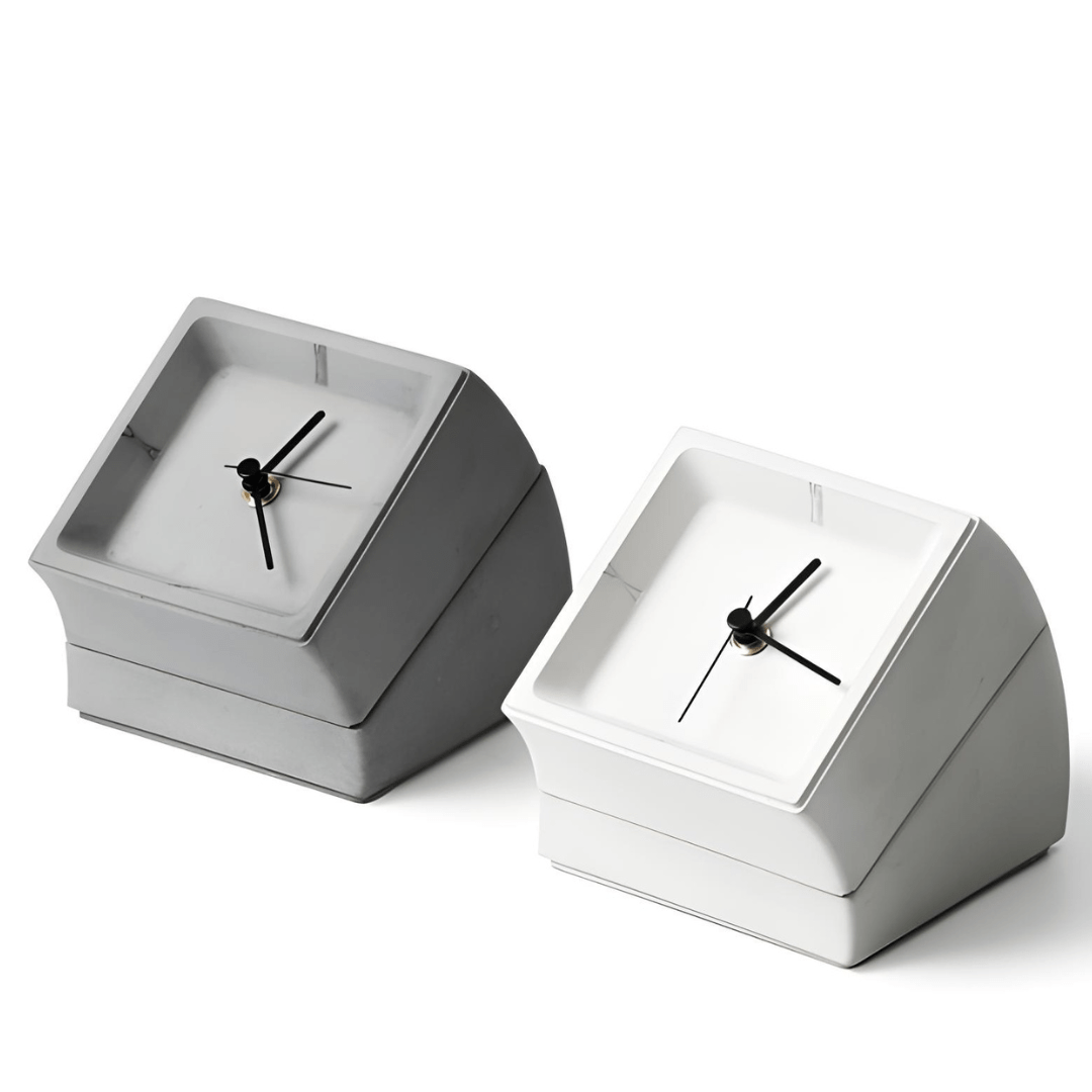 High-end minimalist concrete desk clock with matte finish and hidden storage, available in gray and white – sculptural design for luxury interiors