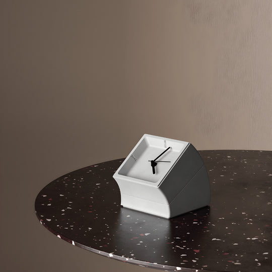 High-end minimalist concrete desk clock with matte finish and hidden storage, available in gray and white – sculptural design for luxury interiors