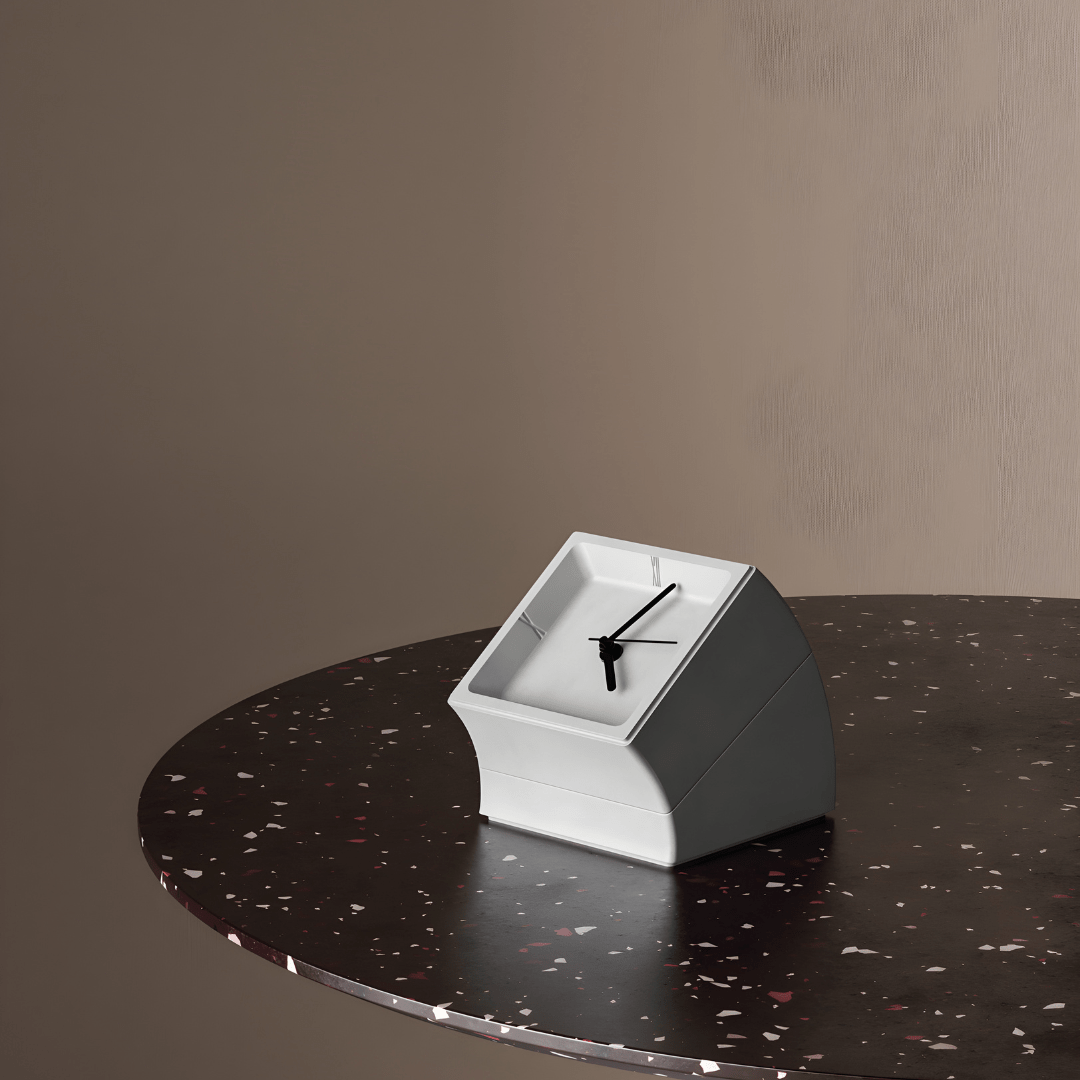 High-end minimalist concrete desk clock with matte finish and hidden storage, available in gray and white – sculptural design for luxury interiors