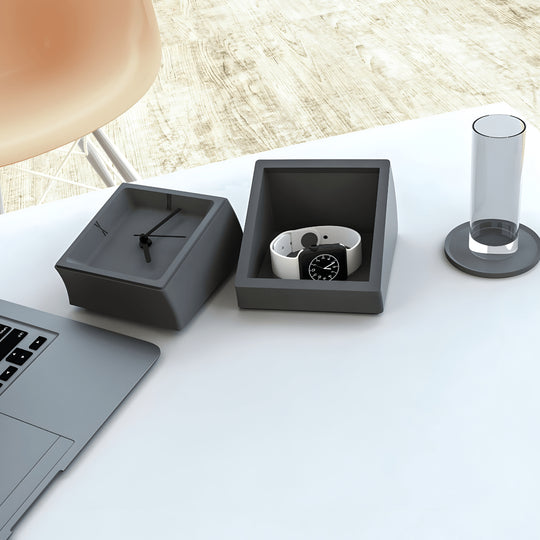 High-end minimalist concrete desk clock with matte finish and hidden storage, available in gray and white – sculptural design for luxury interiors