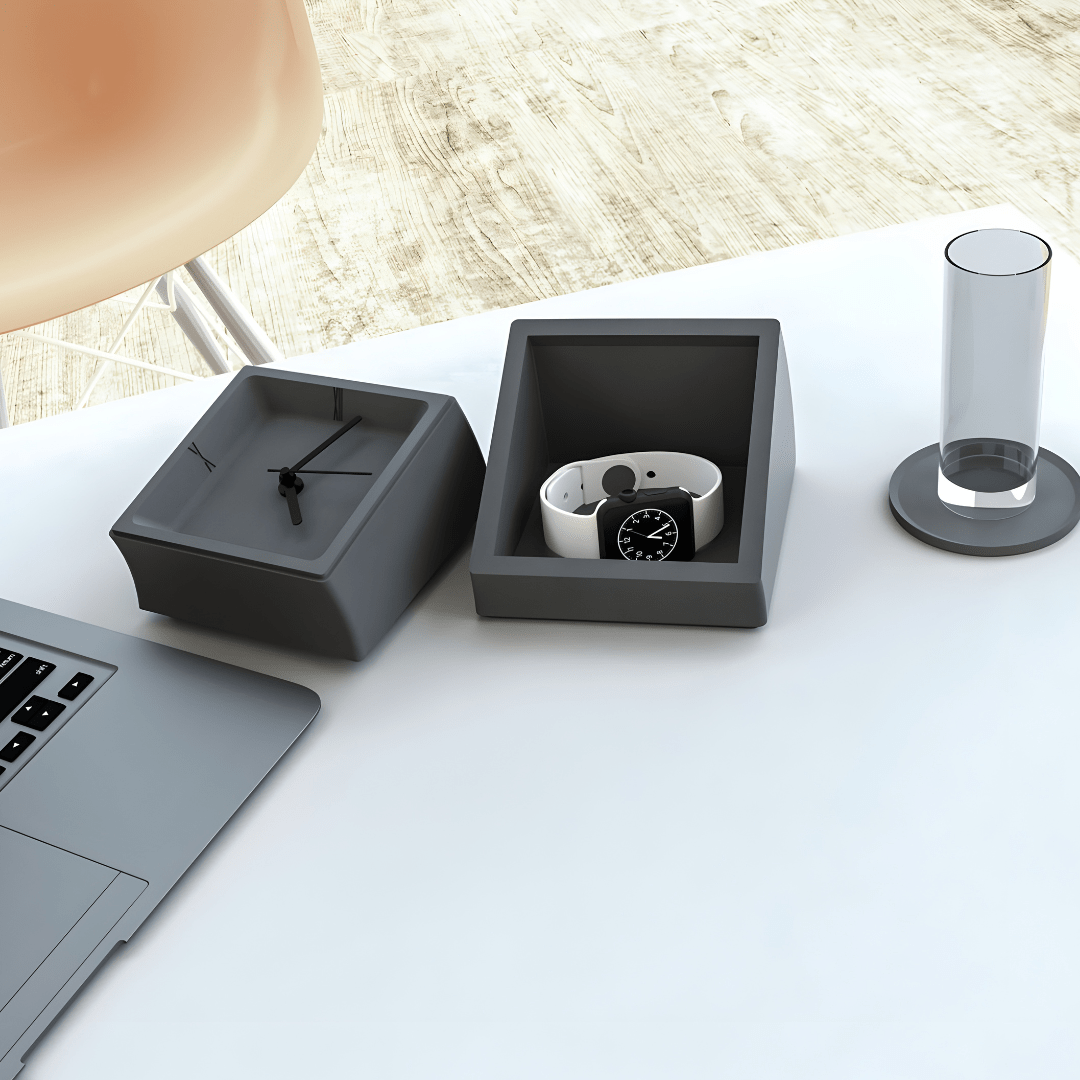High-end minimalist concrete desk clock with matte finish and hidden storage, available in gray and white – sculptural design for luxury interiors