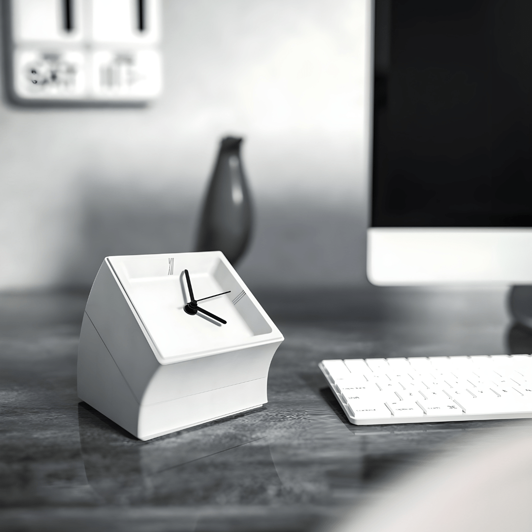 High-end minimalist concrete desk clock with matte finish and hidden storage, available in gray and white – sculptural design for luxury interiors