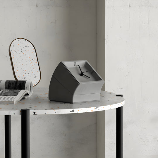 High-end minimalist concrete desk clock with matte finish and hidden storage, available in gray and white – sculptural design for luxury interiors