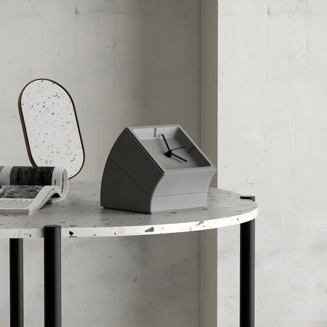 High-end minimalist concrete desk clock with matte finish and hidden storage, available in gray and white – sculptural design for luxury interiors
