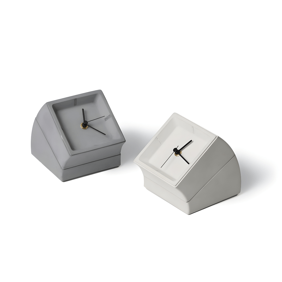 High-end minimalist concrete desk clock with matte finish and hidden storage, available in gray and white – sculptural design for luxury interiors