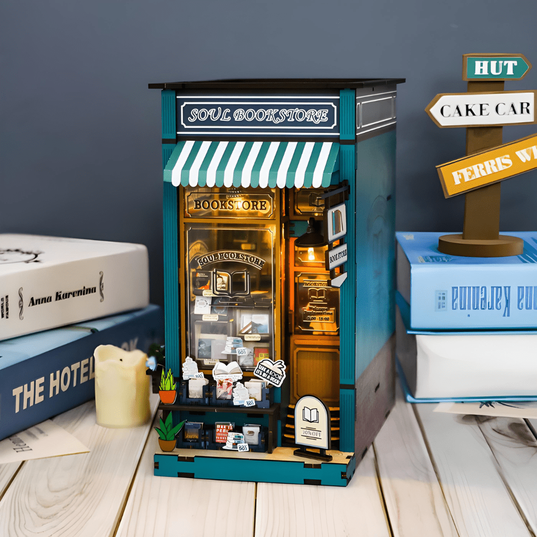 Soul Bookstore book nook DIY miniature with wooden furniture and LED light – handcrafted model for bookshelf decor, Beirut