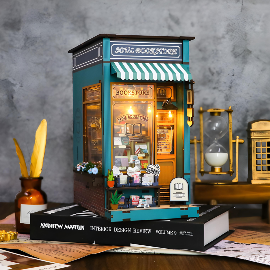 Soul Bookstore book nook DIY miniature with wooden furniture and LED light – handcrafted model for bookshelf decor, Beirut