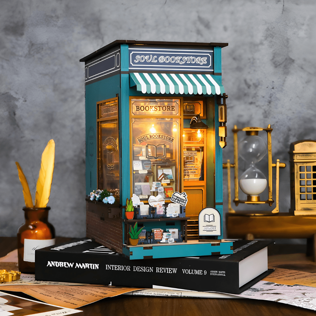 Soul Bookstore book nook DIY miniature with wooden furniture and LED light – handcrafted model for bookshelf decor, Beirut