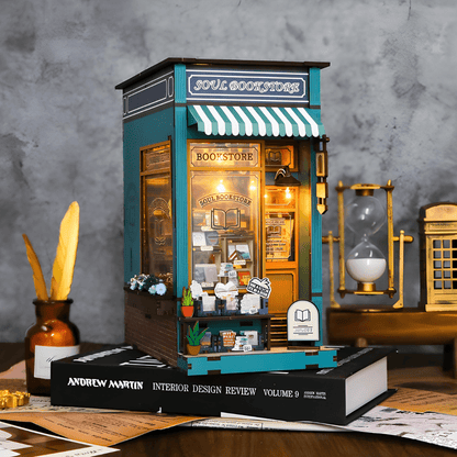 Soul Bookstore book nook DIY miniature with wooden furniture and LED light – handcrafted model for bookshelf decor, Beirut