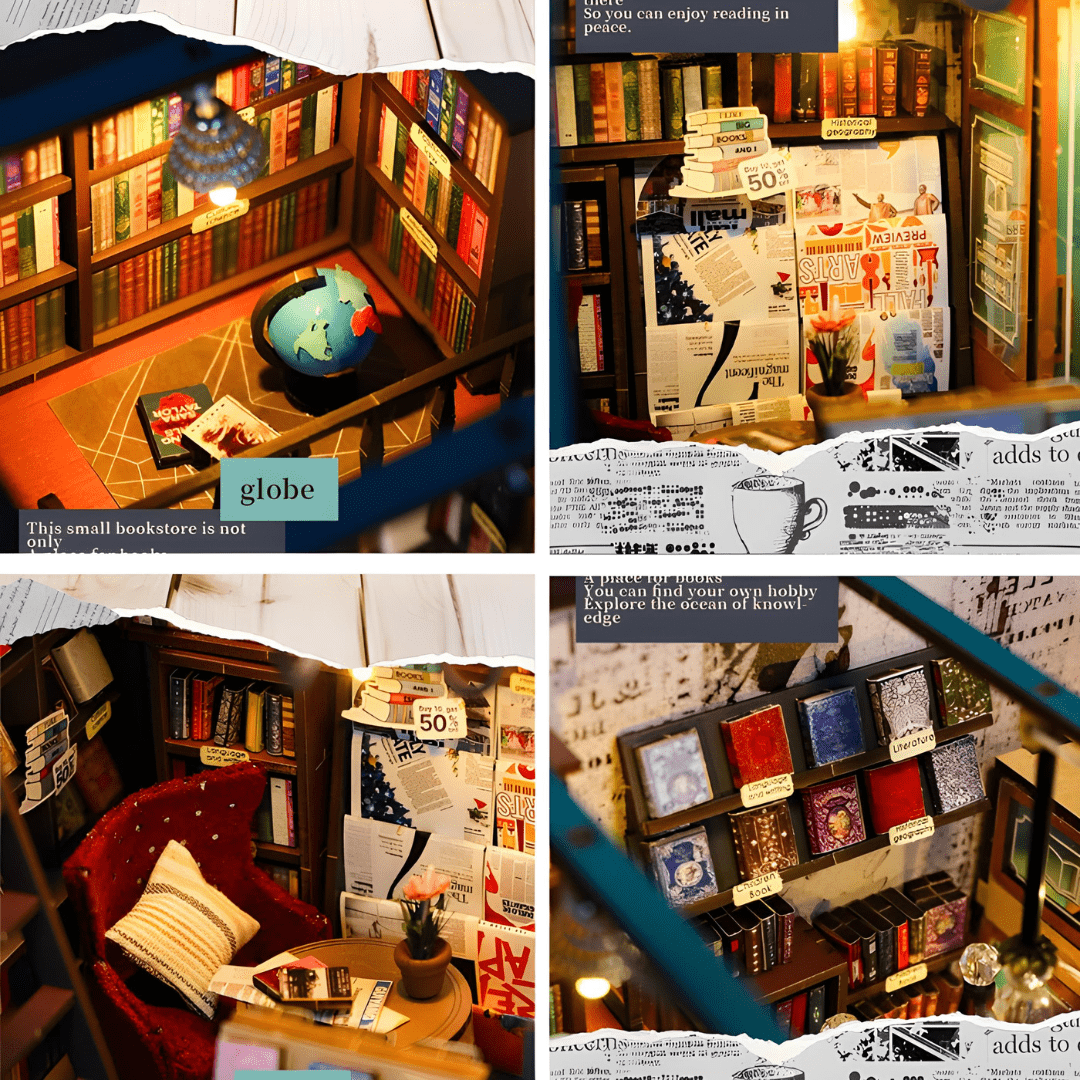 Soul Bookstore book nook DIY miniature with wooden furniture and LED light – handcrafted model for bookshelf decor, Beirut