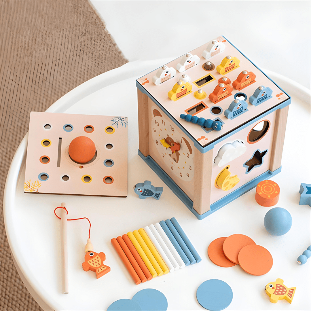 Montessori 9-in-1 wooden activity cube toy for toddlers in Beirut Lebanon