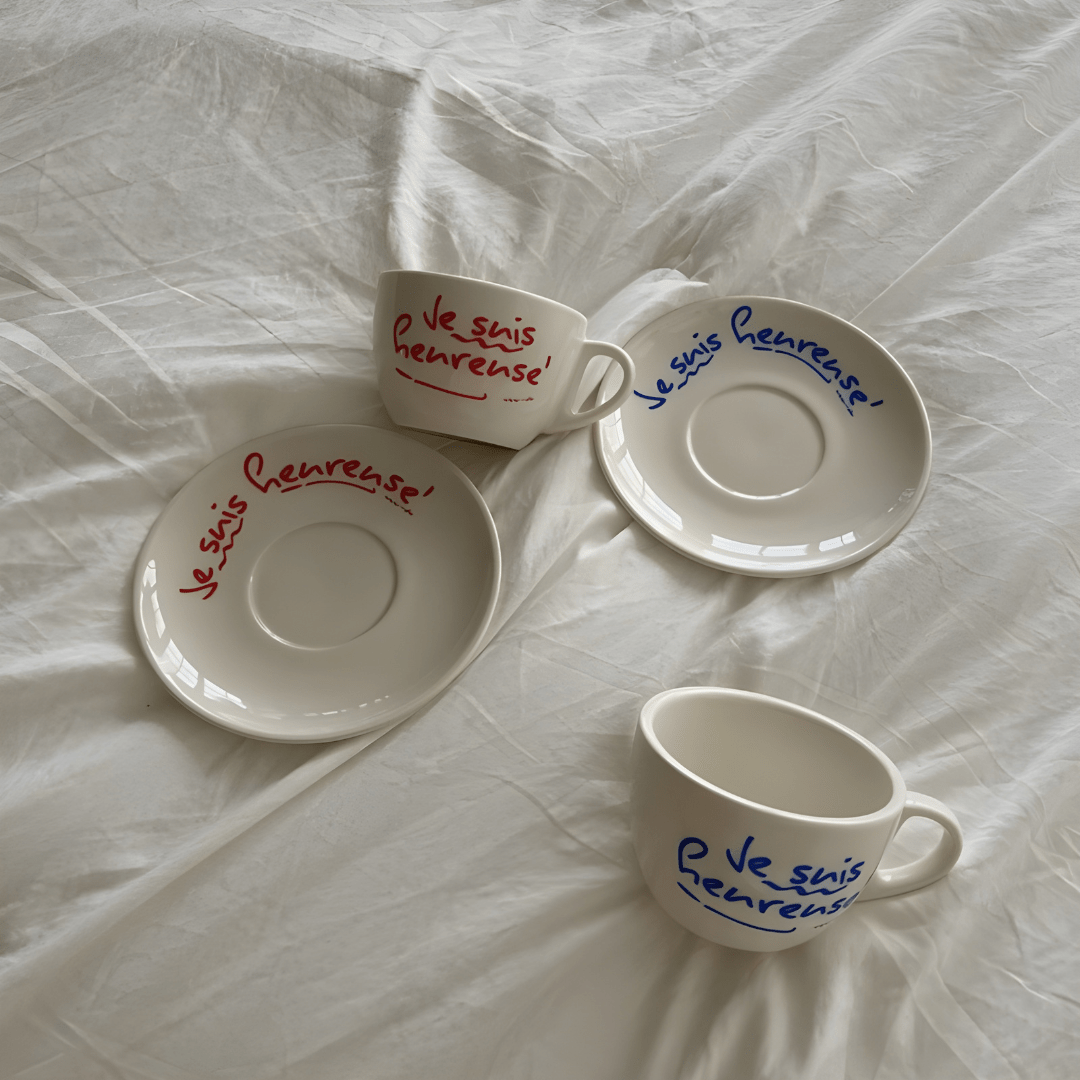 200ml ceramic mug with French quote and saucer – red or blue print – Beirut Lebanon

