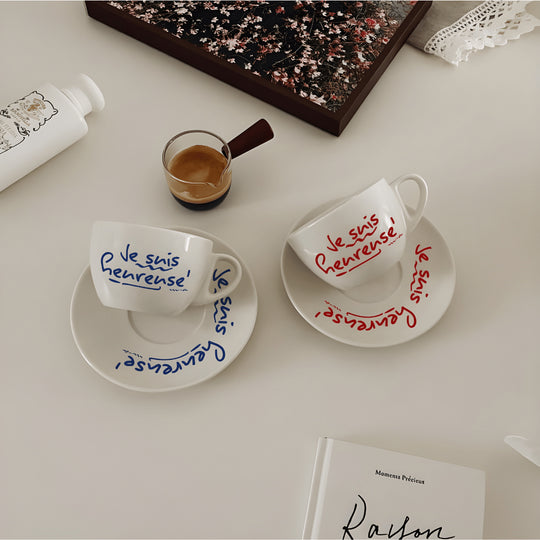 200ml ceramic mug with French quote and saucer – red or blue print – Beirut Lebanon

