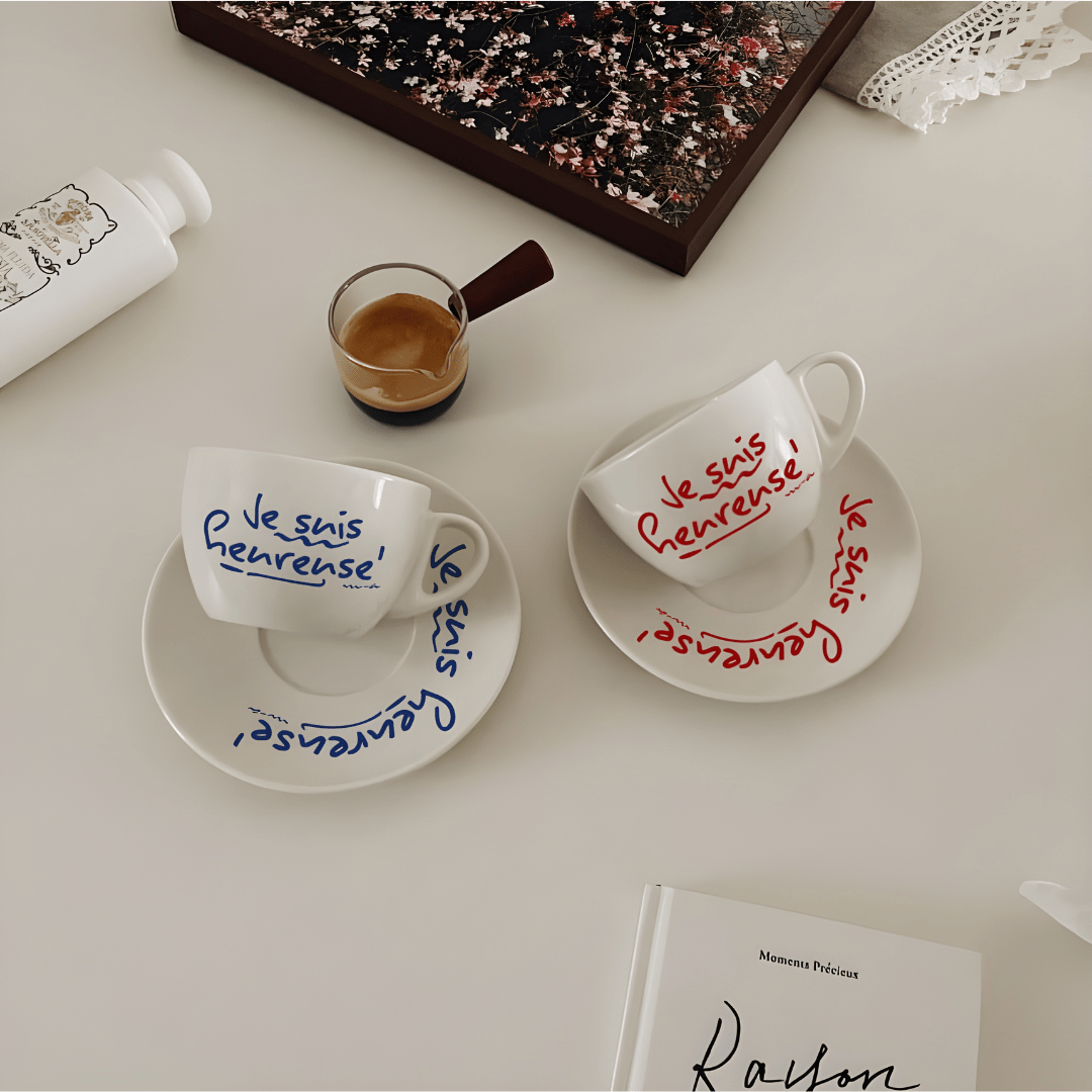 200ml ceramic mug with French quote and saucer – red or blue print – Beirut Lebanon

