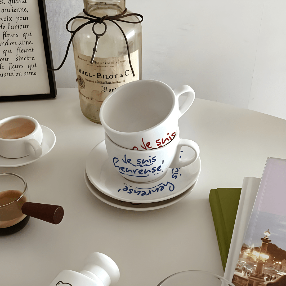 200ml ceramic mug with French quote and saucer – red or blue print – Beirut Lebanon

