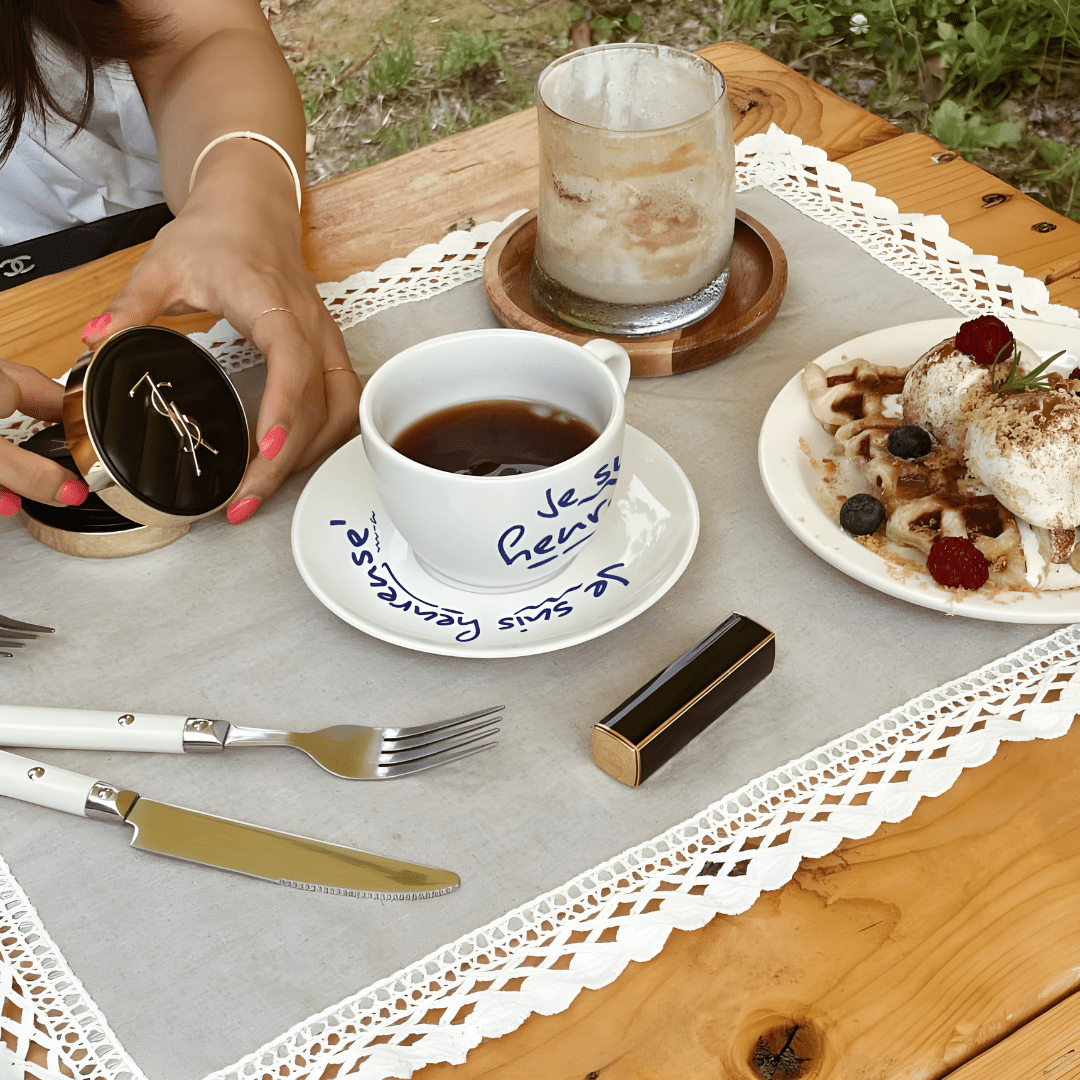 200ml ceramic mug with French quote and saucer – red or blue print – Beirut Lebanon

