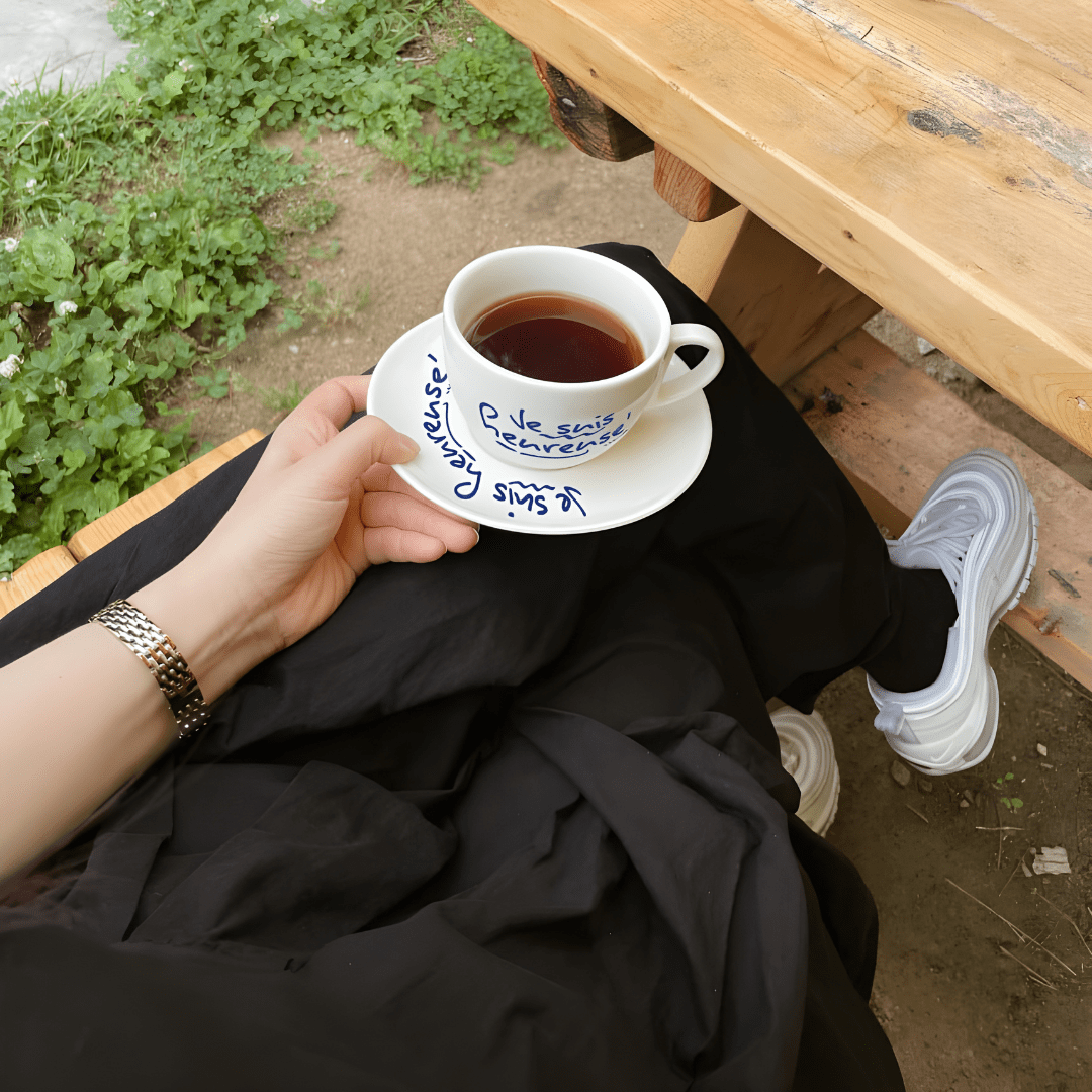 200ml ceramic mug with French quote and saucer – red or blue print – Beirut Lebanon

