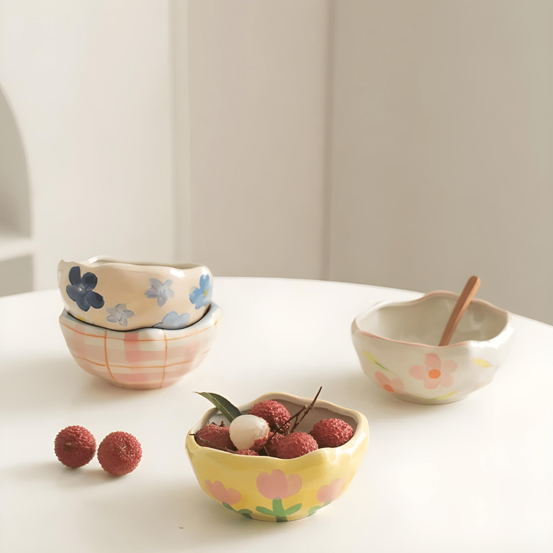 450ml yellow hand-pinched ceramic bowl filled with papaya, blueberries, and mint leaves.