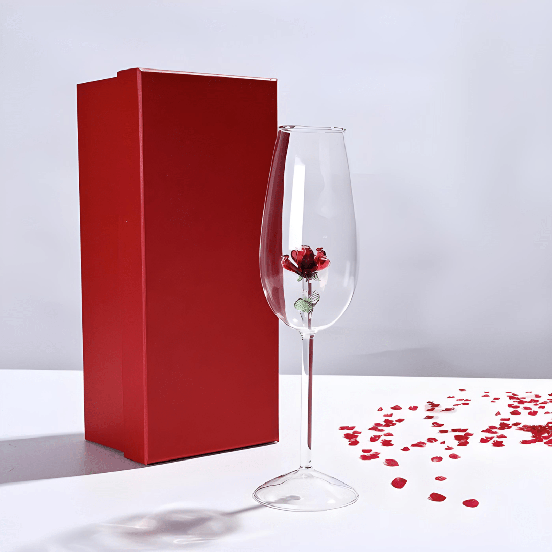Elegant 350ml crystal wine glass with red rose inside, in luxury red gift box