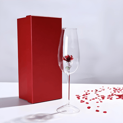 Elegant 350ml crystal wine glass with red rose inside, in luxury red gift box