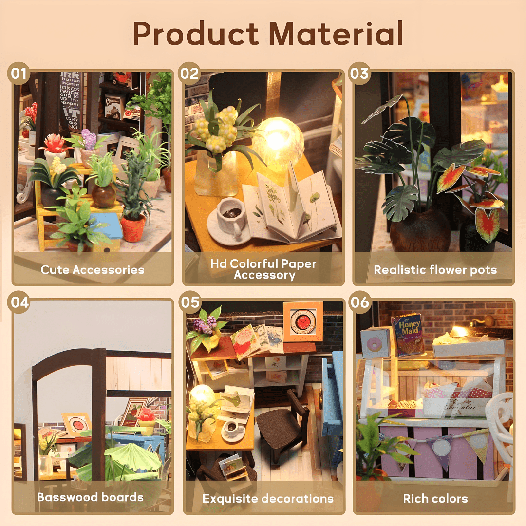 DIY miniature coffee house kit with LED lights, music box, and indoor café details – ideal for Beirut hobby crafters