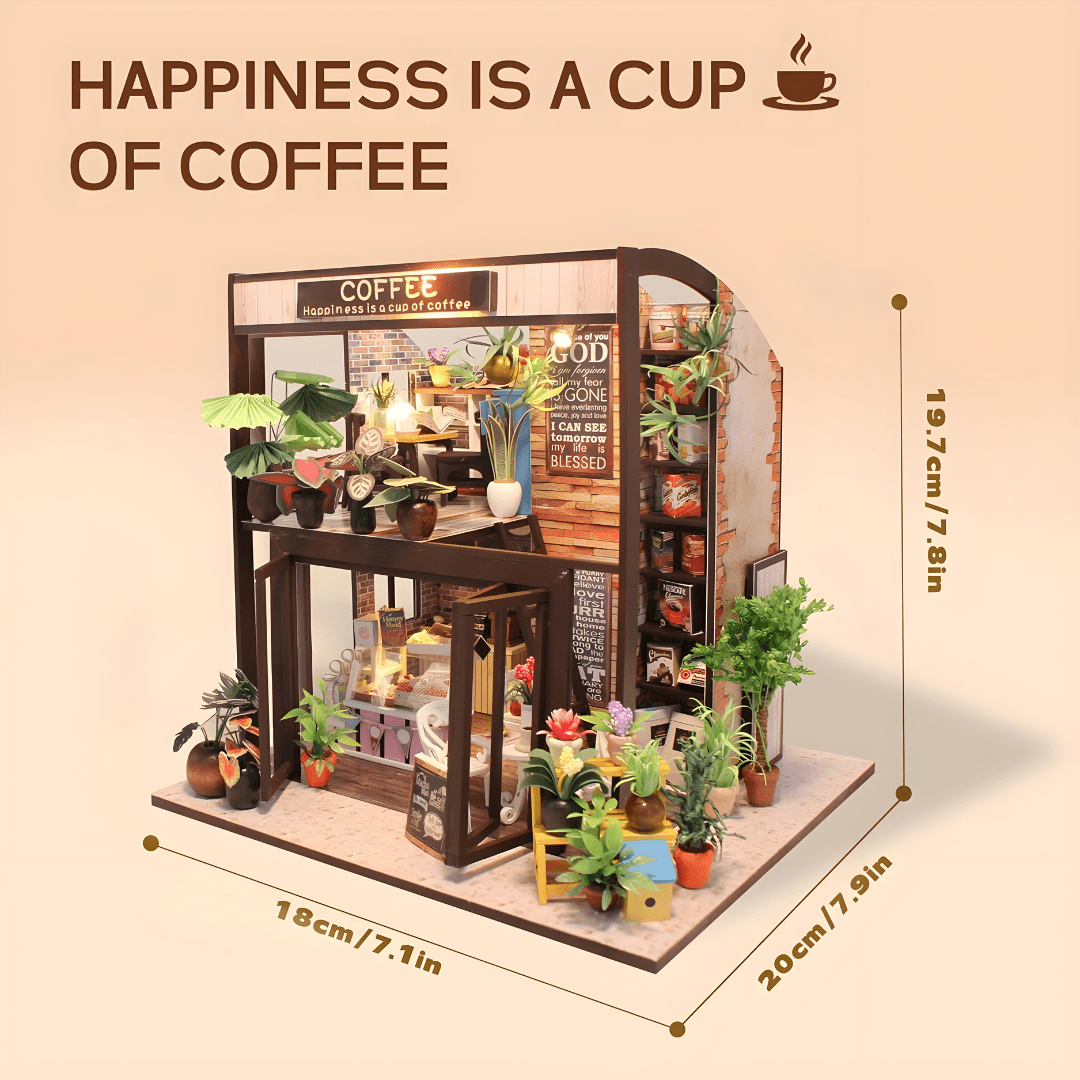DIY miniature coffee house kit with LED lights, music box, and indoor café details – ideal for Beirut hobby crafters