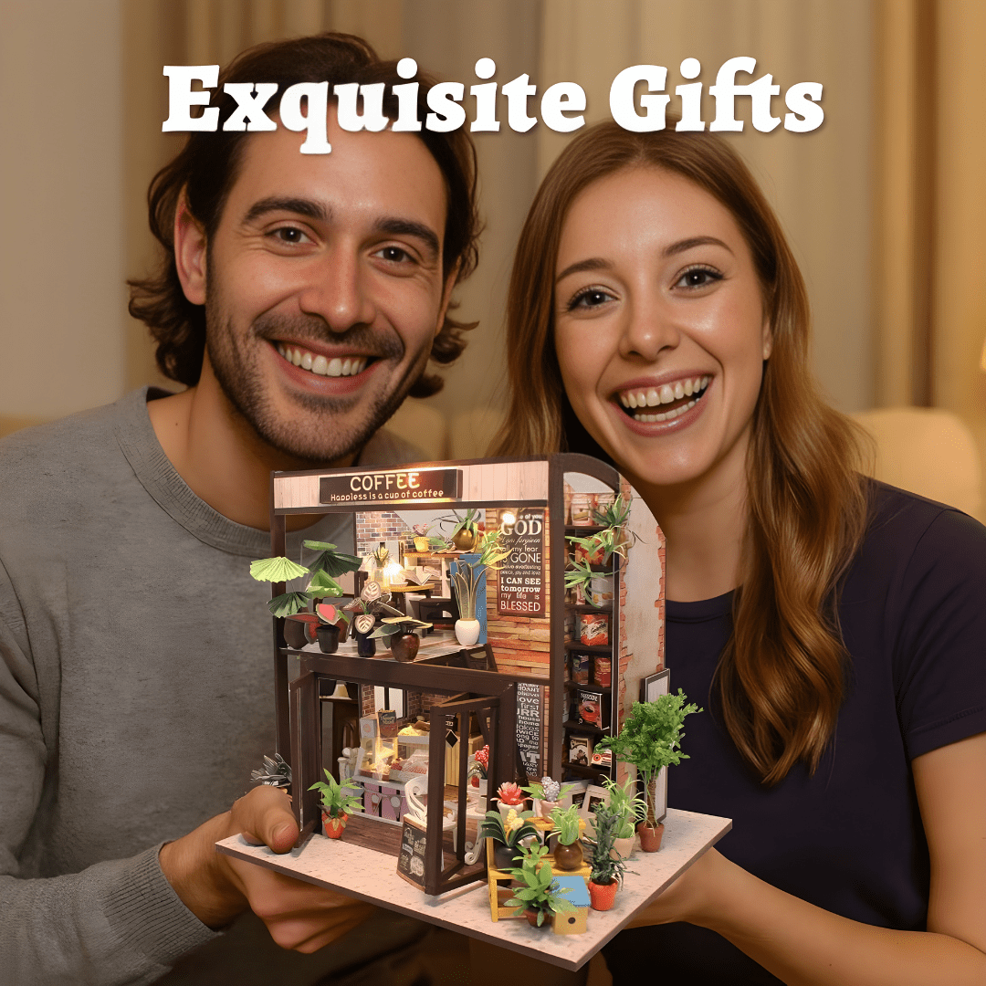 DIY miniature coffee house kit with LED lights, music box, and indoor café details – ideal for Beirut hobby crafters