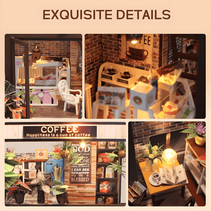 DIY miniature coffee house kit with LED lights, music box, and indoor café details – ideal for Beirut hobby crafters