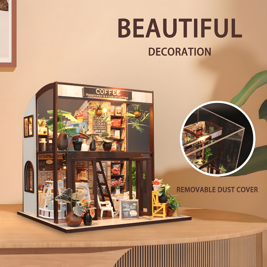 DIY miniature coffee house kit with LED lights, music box, and indoor café details – ideal for Beirut hobby crafters