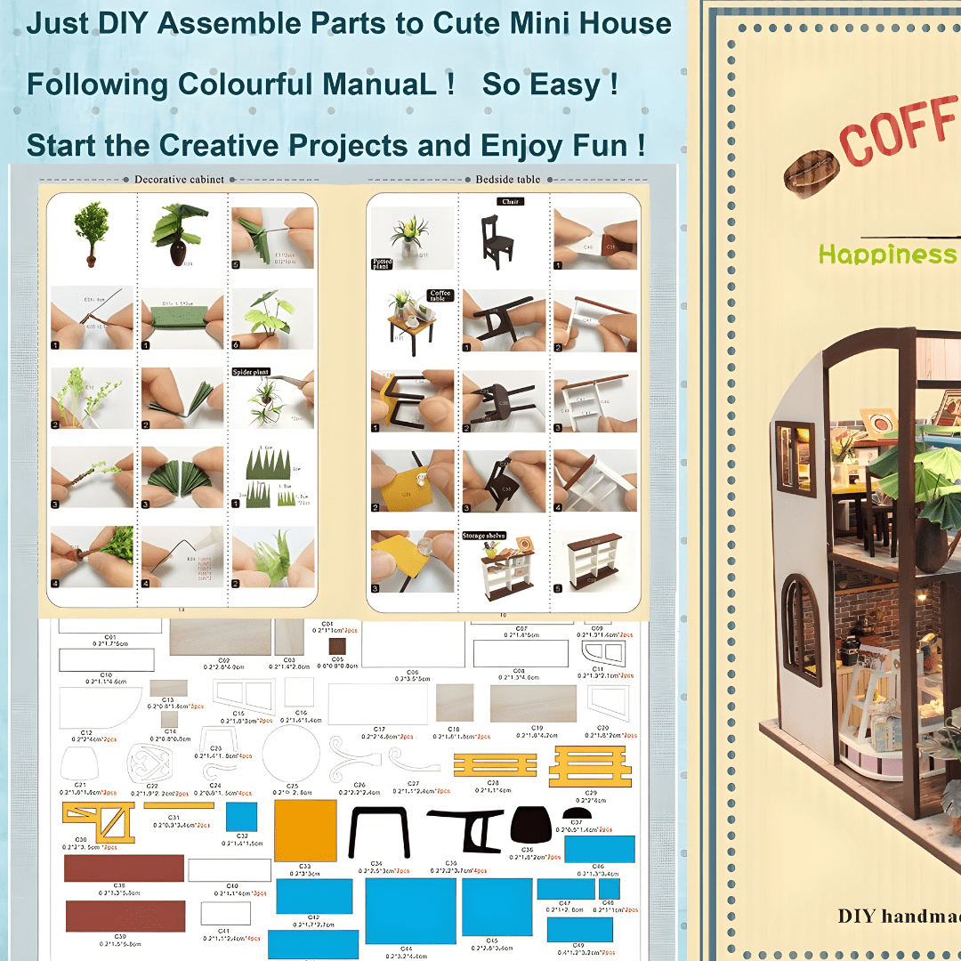 DIY miniature coffee house kit with LED lights, music box, and indoor café details – ideal for Beirut hobby crafters
