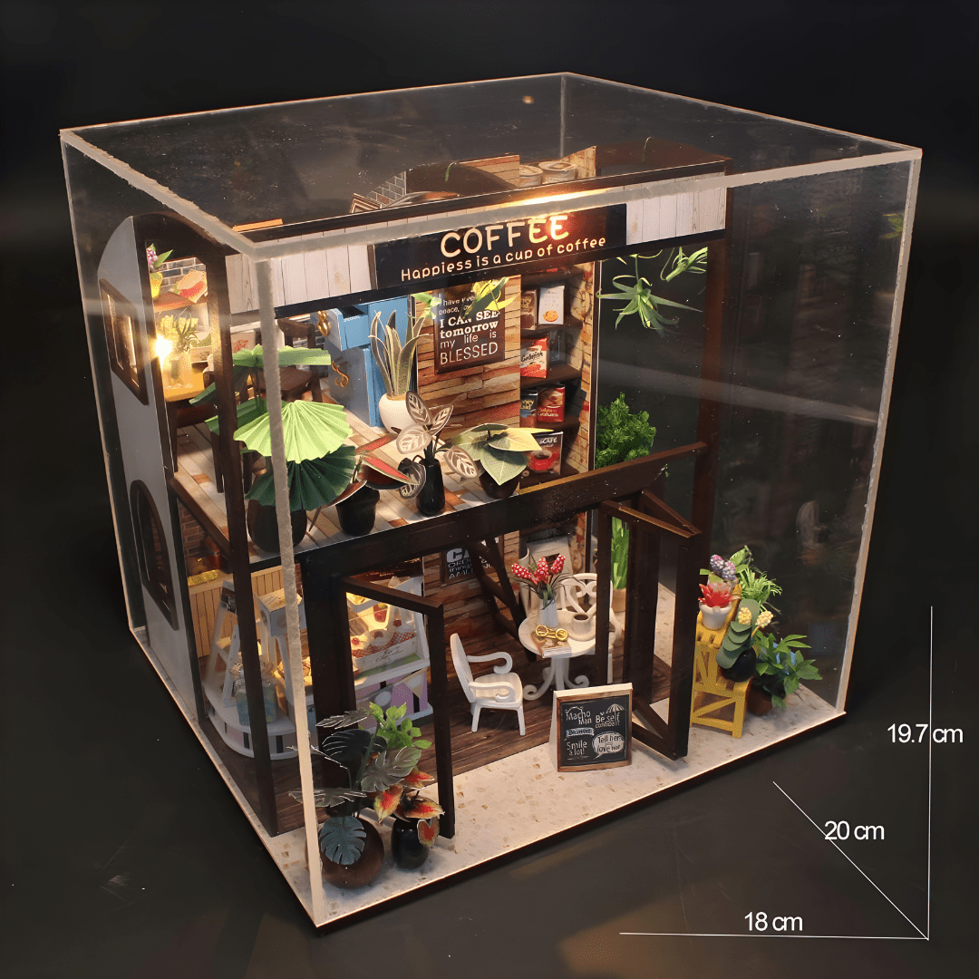 DIY miniature coffee house kit with LED lights, music box, and indoor café details – ideal for Beirut hobby crafters
