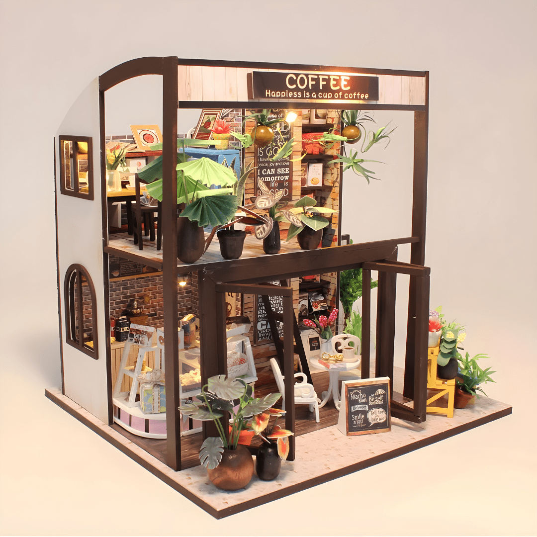 DIY miniature coffee house kit with LED lights, music box, and indoor café details – ideal for Beirut hobby crafters